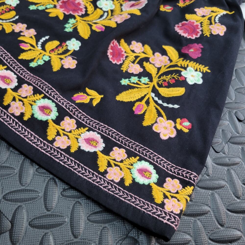 NWT Cider Embroidered Floral Mini Skirt Boho Folk Black Cottagecore M Festival
